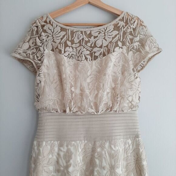 TADASHI SHOJI Embroidered Lace Cap Sleeve Blouson Knee Length Cream Dress Sz 6 - Picture 2 of 15